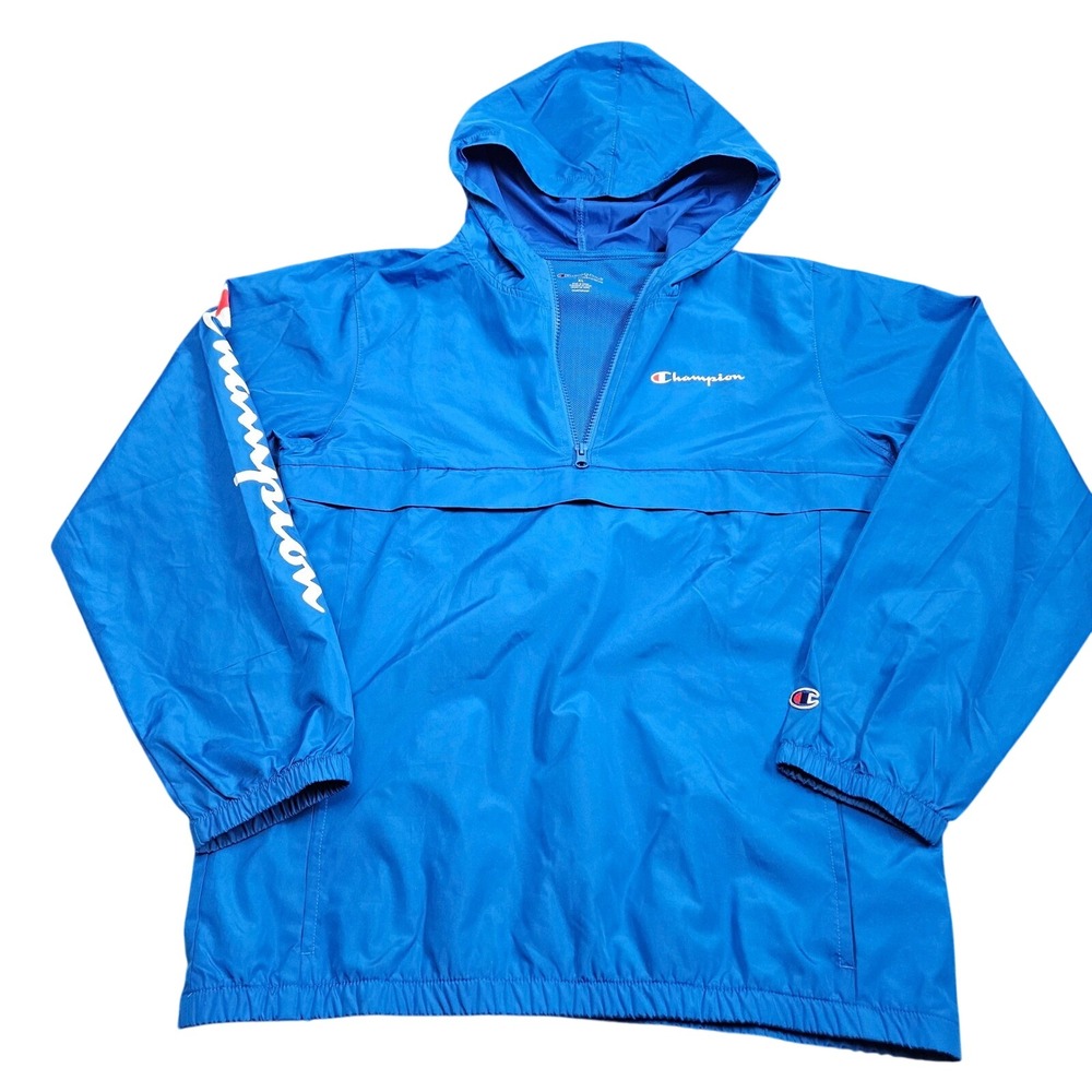 Champion Anorak Windbreaker Jacket Womens XL Blue Half Zip Hooded Packable Logo